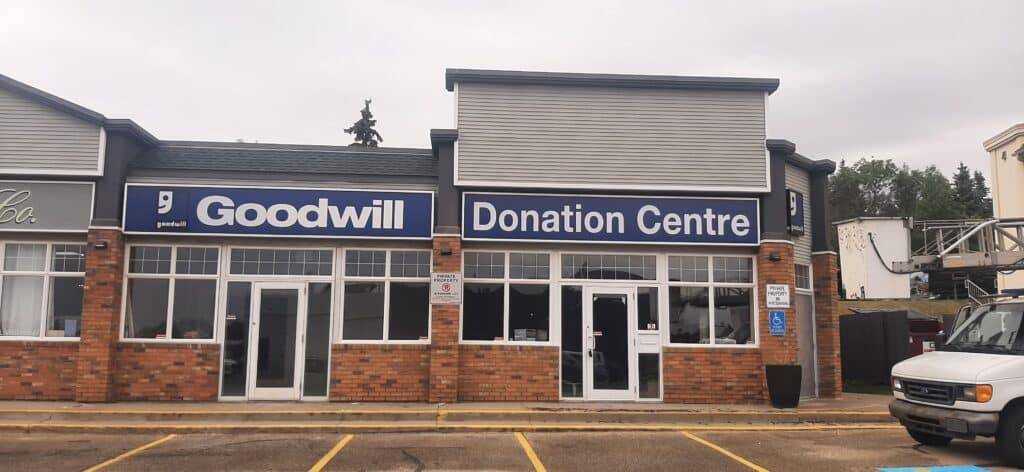 St. Albert Goodwill Donation Centre exterior entrance doors.