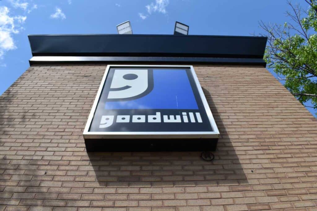 Sherwood Park Baseline Goodwill Retail Store & Donation Centre exterior entrance doors.